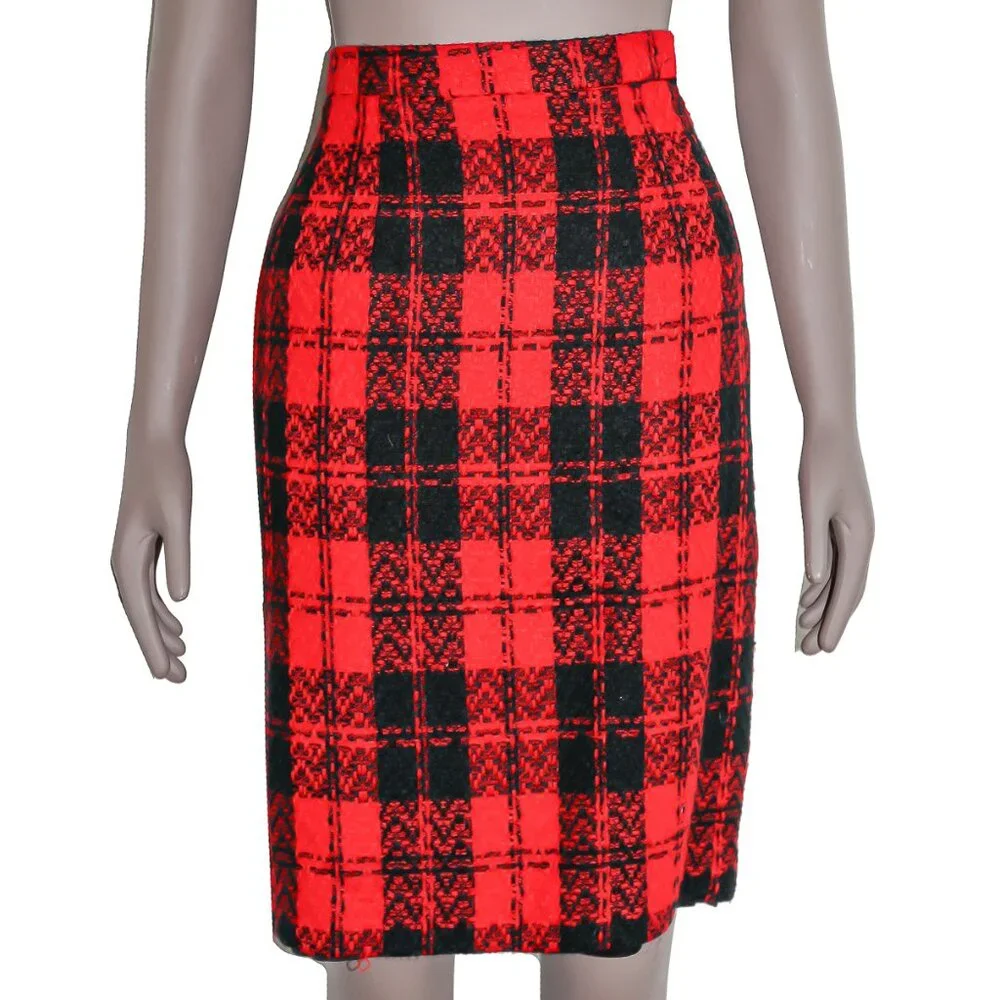 Vintage 80s‎ Red Black Plaid Skirt Suit Matching Set Formal Evening Work Office